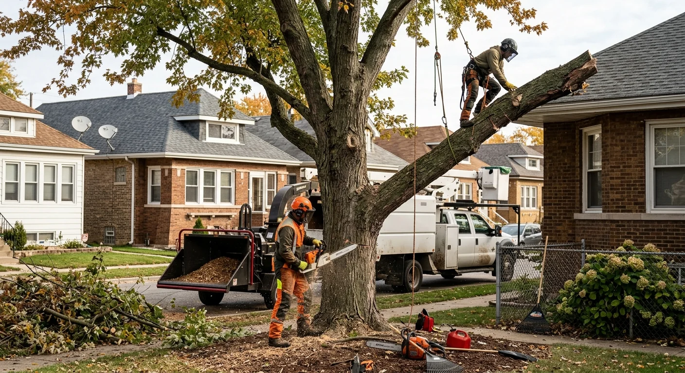 Crew clearing storm-damaged tree limbs from a Cicero residential yard