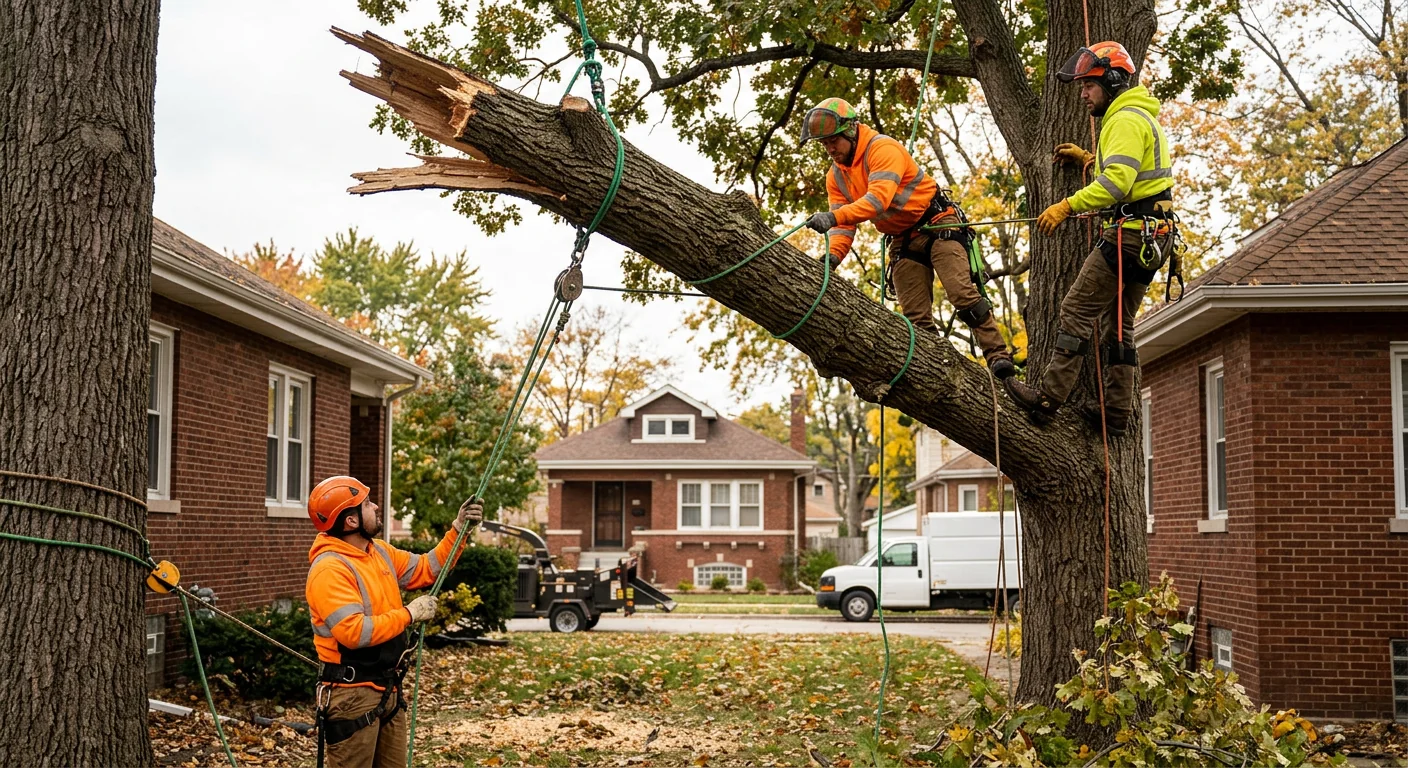 Crew rigging a heavy broken limb down safely near a home roofline