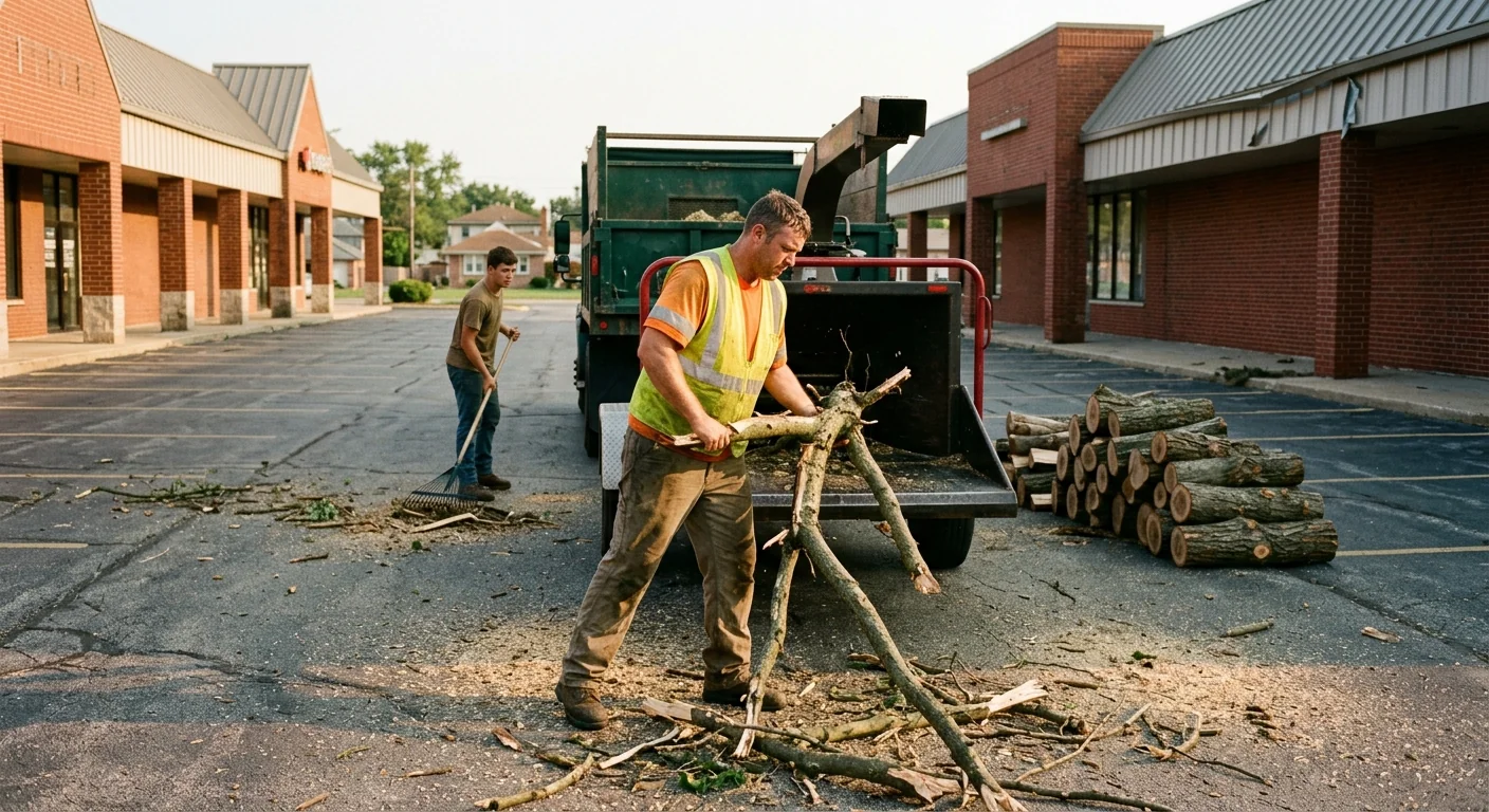 Commercial lot cleared of downed trees after severe summer storm winds