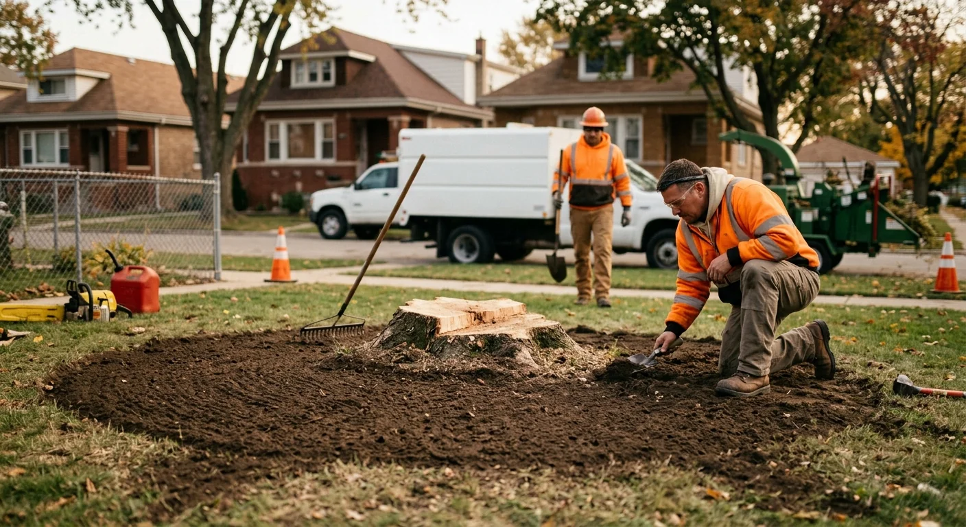 Ground stump and raked soil where a hazardous tree once stood