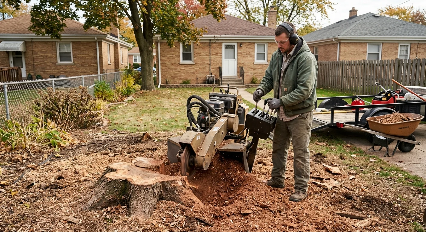 Stump grinder reducing a hardwood stump below grade in a Cicero backyard