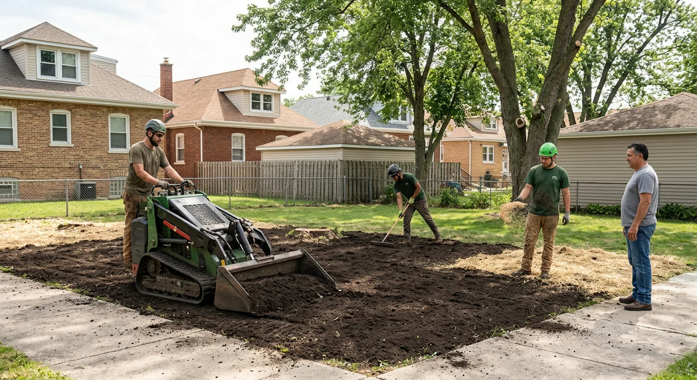 Wide view of a restored Cicero backyard corner after multiple stumps removed