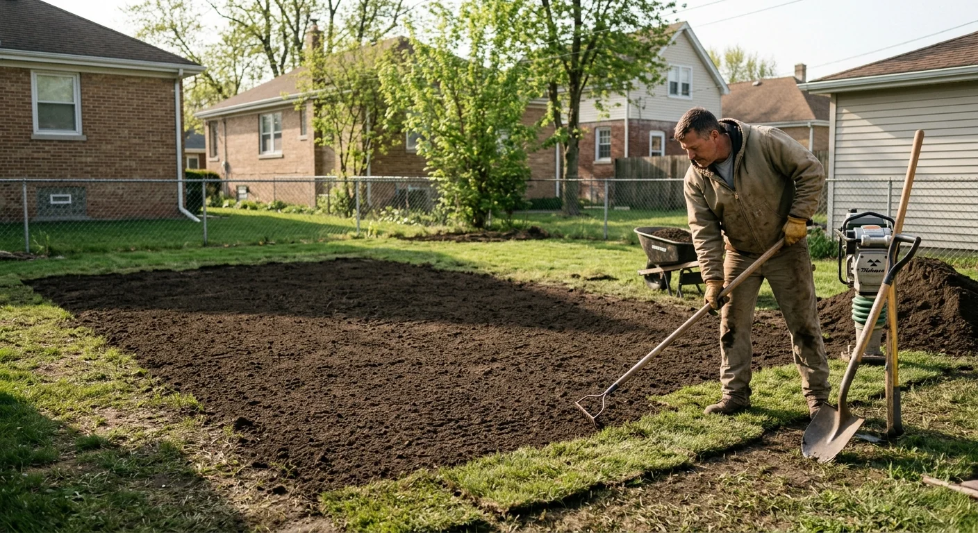 Smooth backfilled ground ready for sod where a large stump once stood