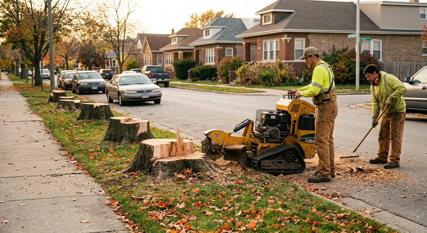 Parkway row of stumps awaiting grinding along a residential Cicero street