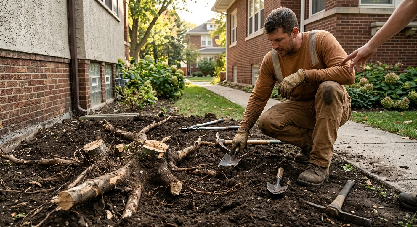 Detail of surface roots cleared below grade for a new planting bed
