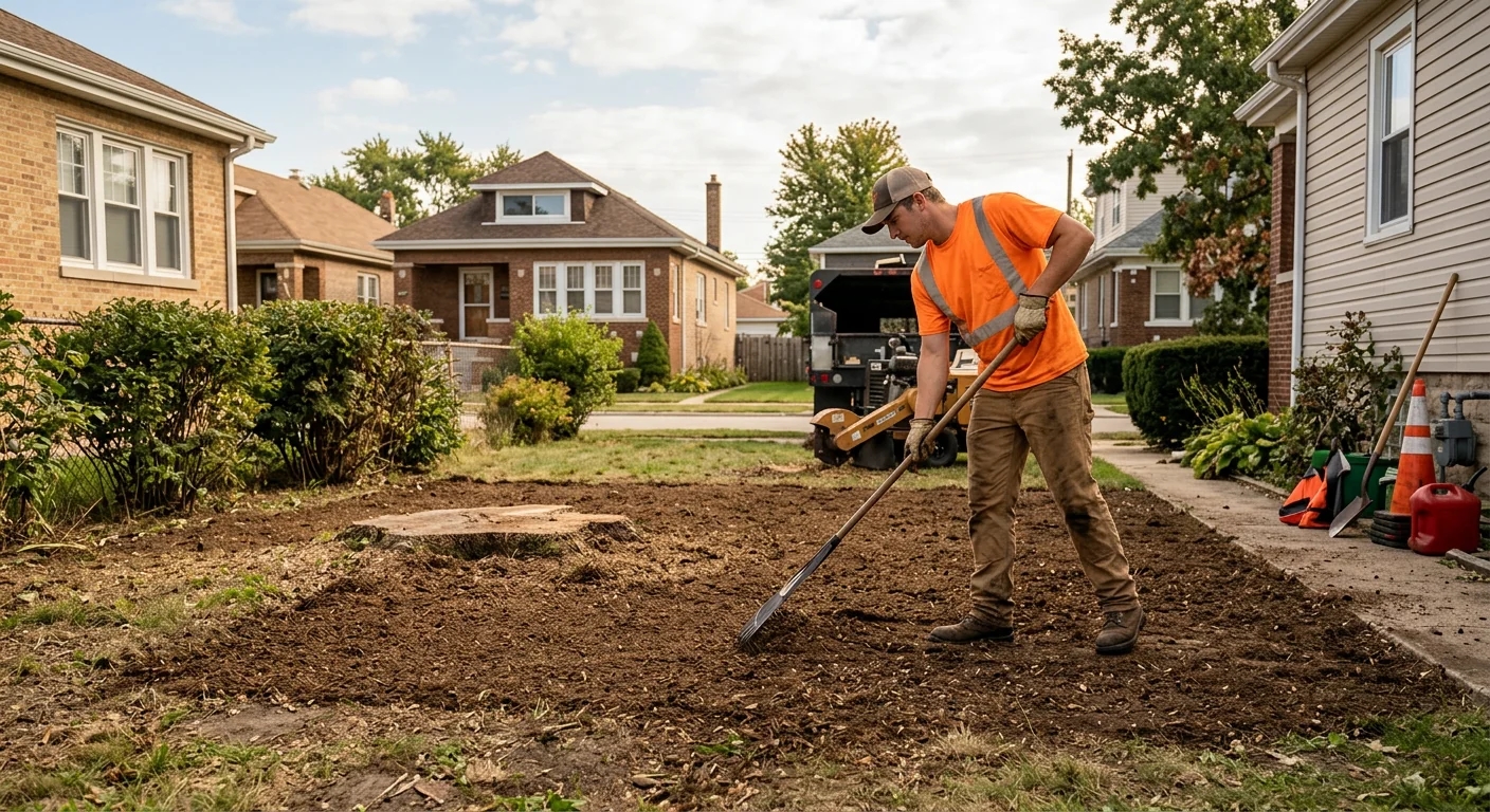 Restored side yard with raked grindings and level grade after stump removal