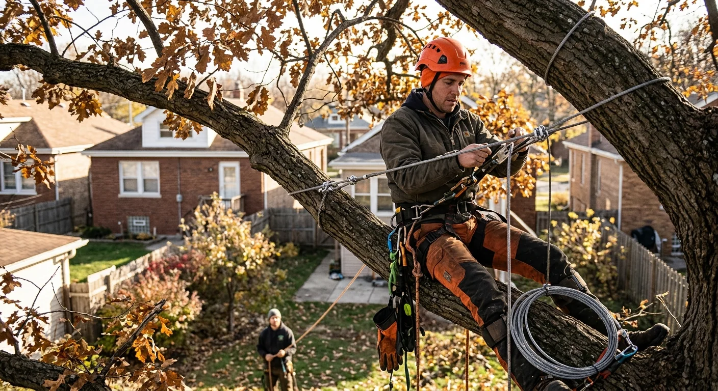 Arborist installing steel support cable high in a mature backyard oak canopy