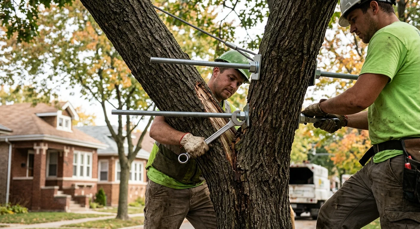 Close-up of through-rod bracing hardware stabilizing a split branch union