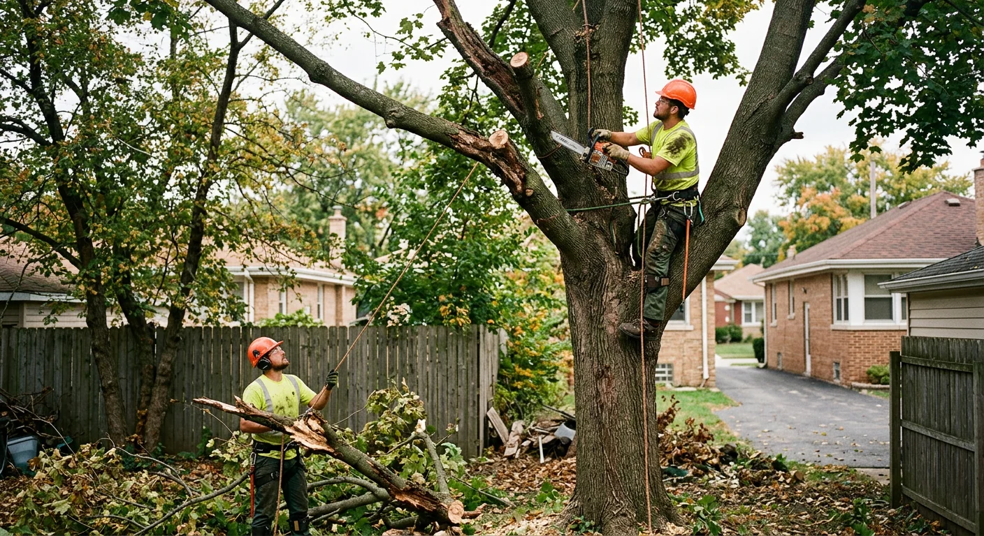 Arborist installing support cables in a mature backyard tree in Cicero