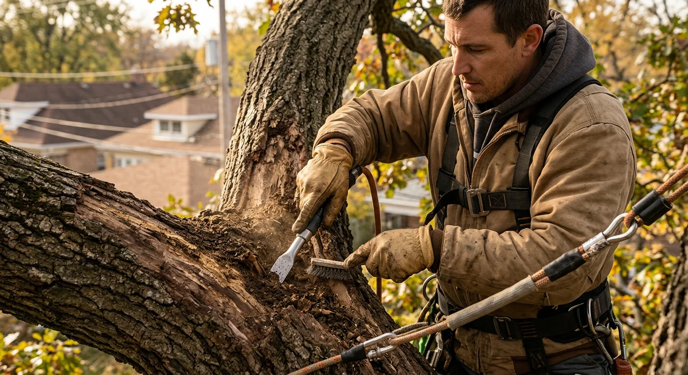 Steel brace rod reinforcing a cracked stem on a residential shade tree