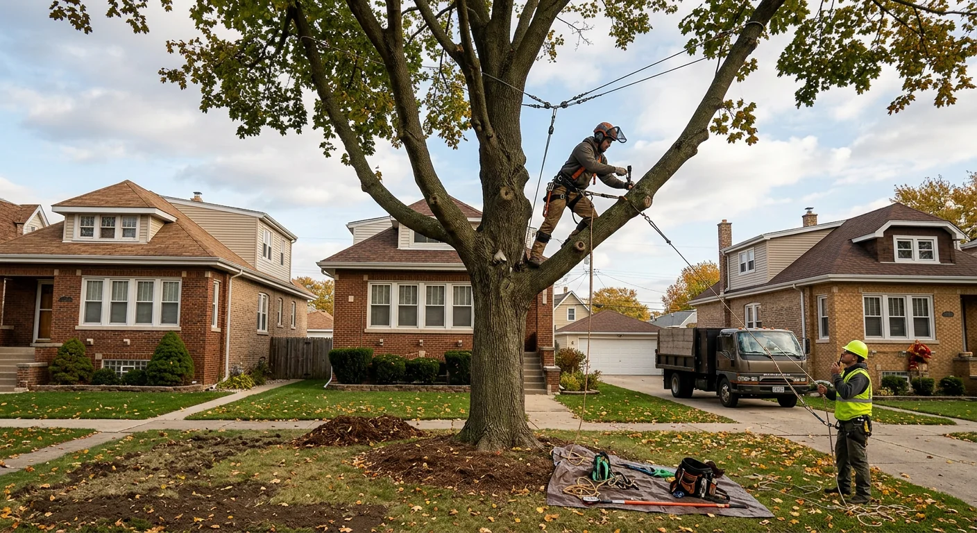 Wide shot of a mature maple stabilized with support cables on a Cicero residential lot