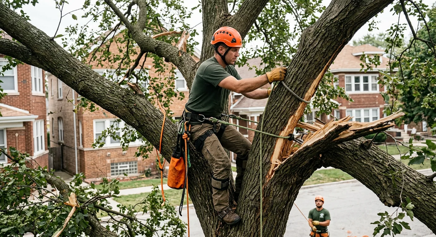 Arborist climbing to set an anchor point in a storm-damaged elm canopy