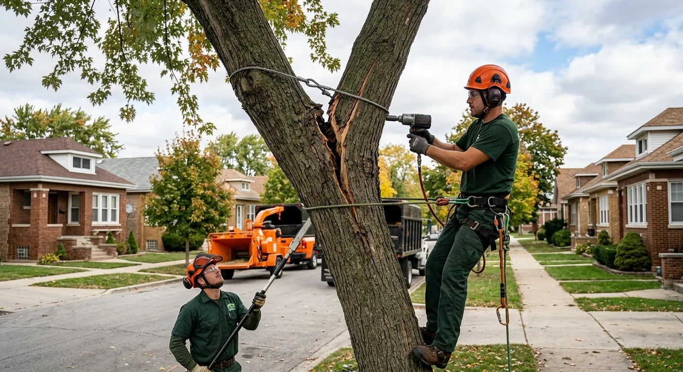 Before context showing a leaning neglected tree with a cracked branch union