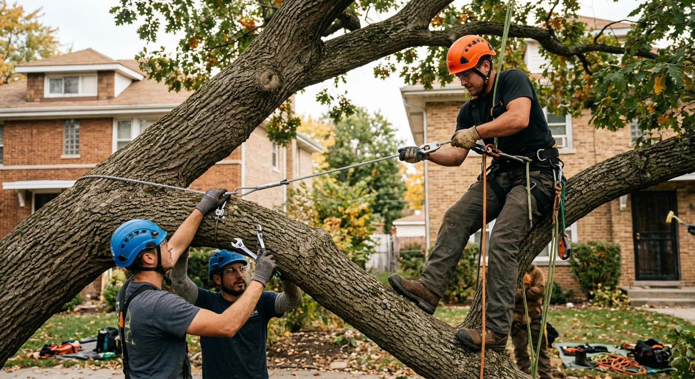 Crew tensioning high-strength cable between two upper limbs during installation