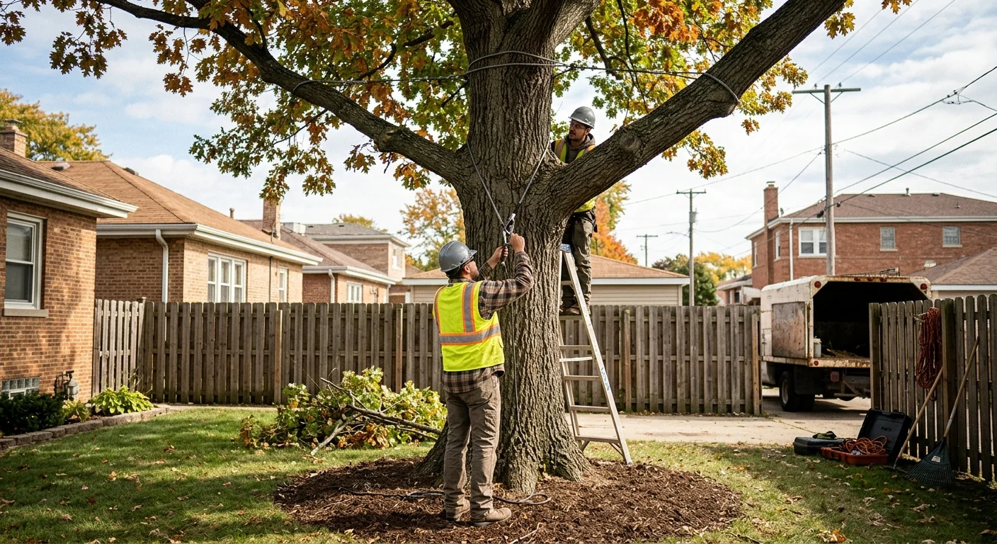 Finished result of a restored backyard tree with discreet overhead support system
