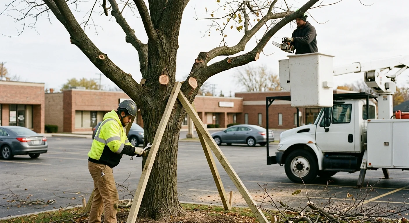 Commercial property tree braced and pruned near a parking area in Cicero