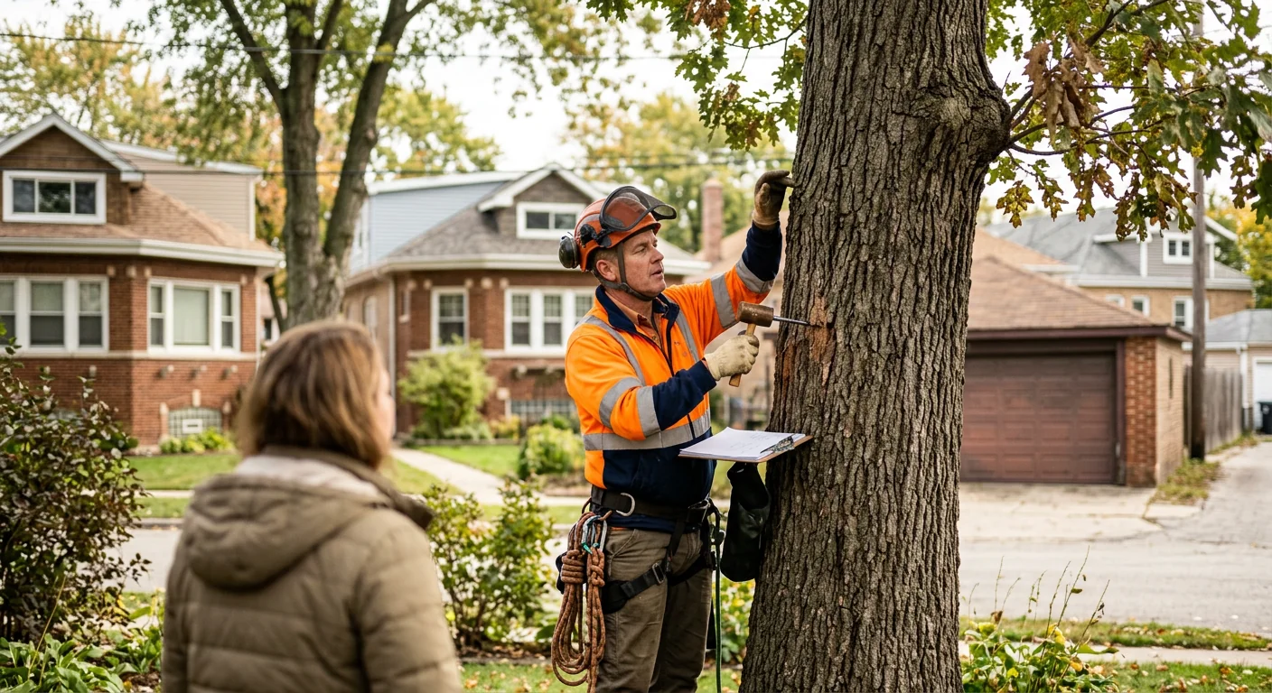 Arborist inspecting a mature backyard tree for decline in a Cicero neighborhood