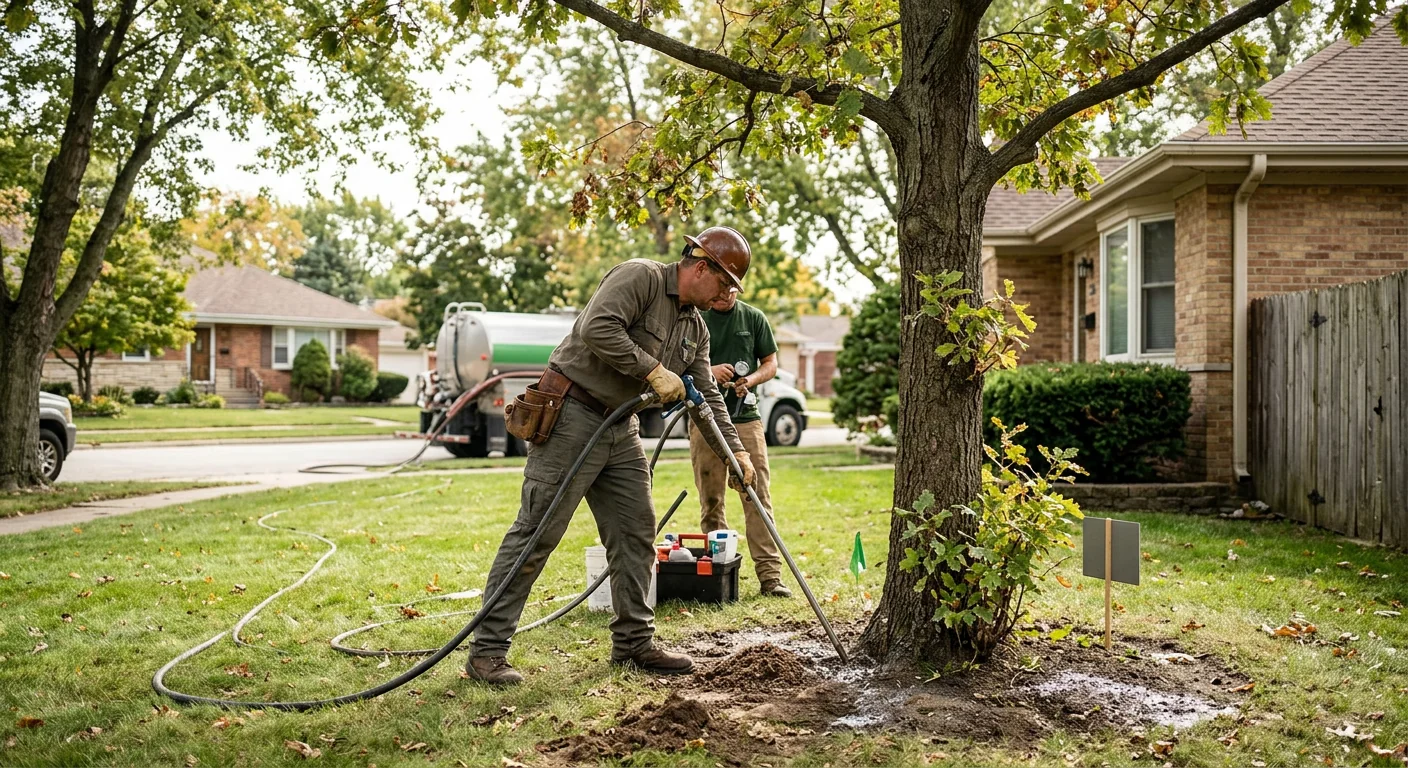 Soil treatment and deep-root feeding applied around a recovering residential tree