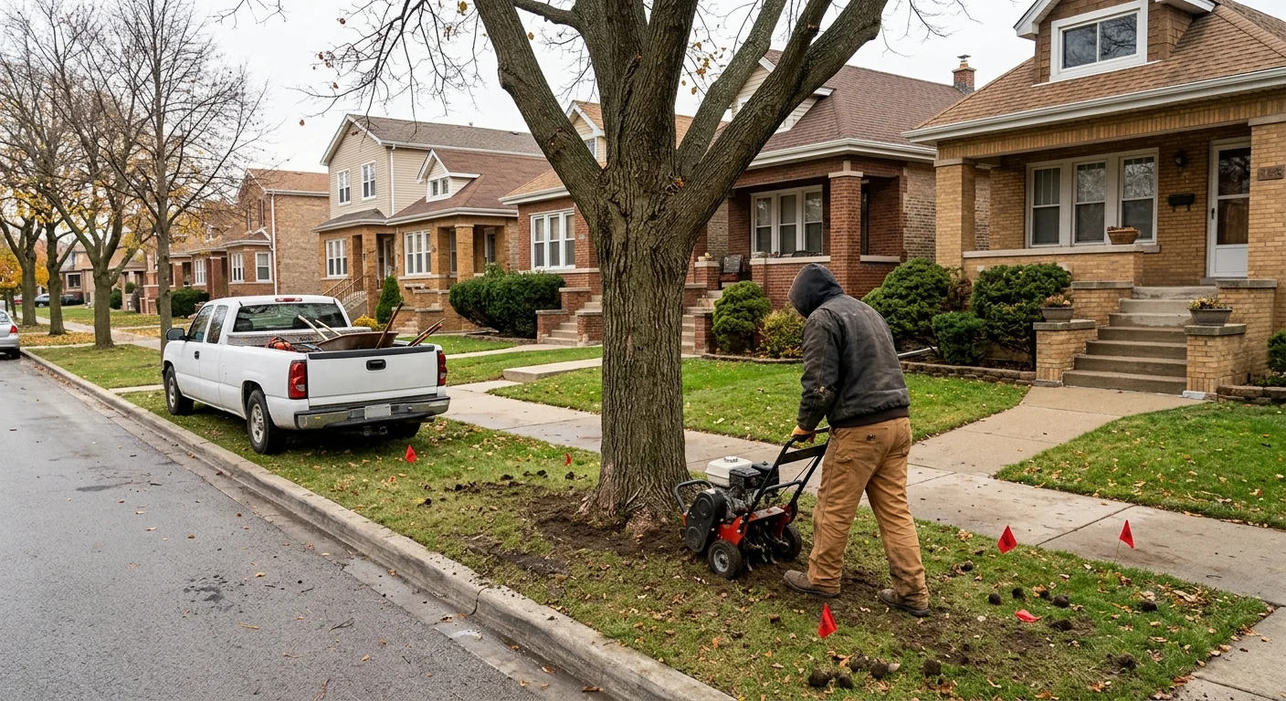 Parkway tree receiving soil aeration and nutrient treatment along a Cicero street