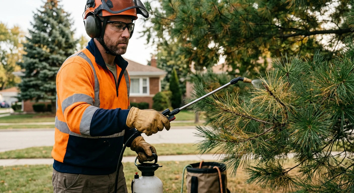 Evergreens receiving pest treatment and pruning to recover fuller foliage