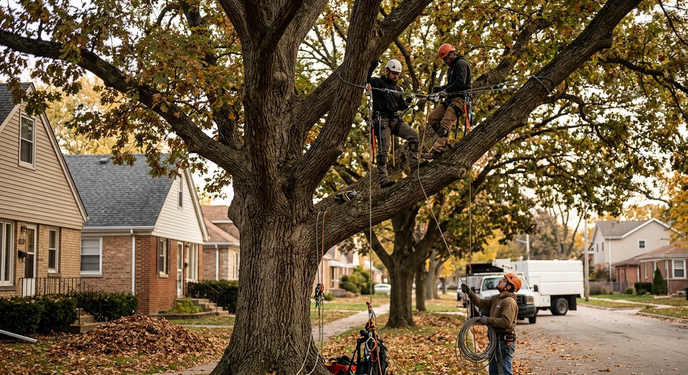 Storm-damaged oak stabilized with cabling and deadwood removal for recovery
