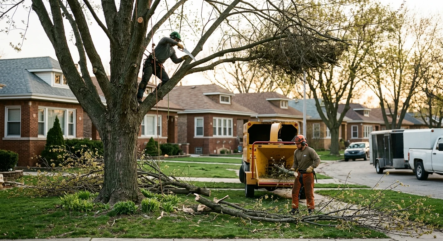 Overgrown front-yard tree pruned and shaped to improve health and appearance