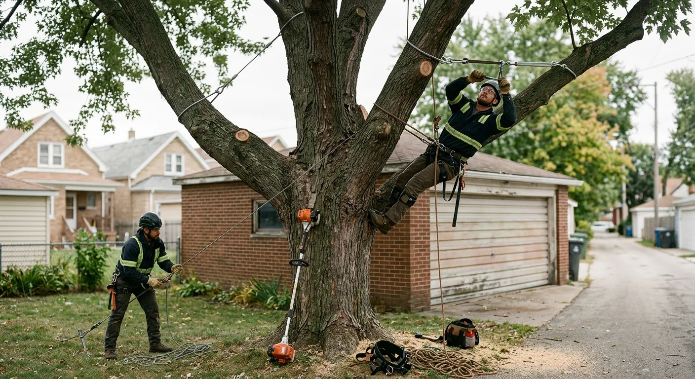 Aging tree braced and balanced with pruning to correct structural weakness