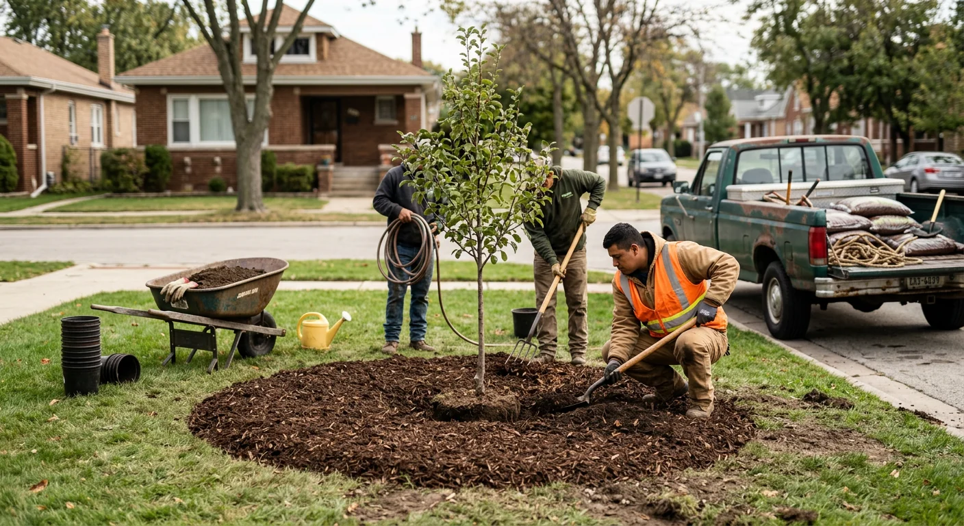 Newly planted young tree with mulch ring in a Cicero front yard