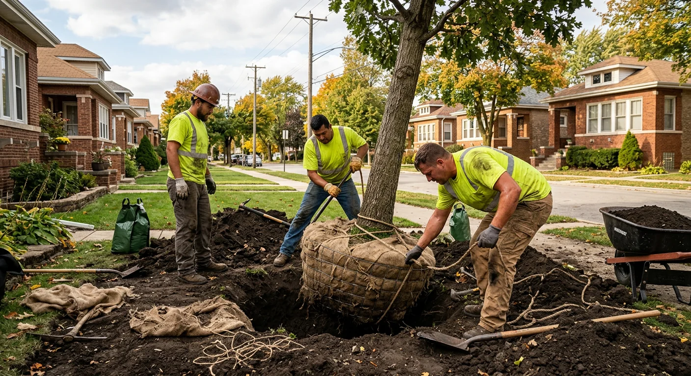 Crew setting a balled tree into a prepared planting hole on residential property