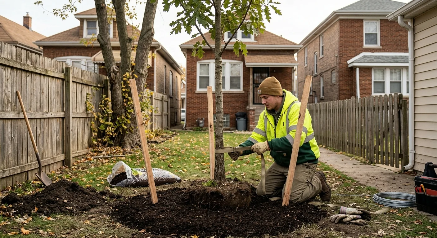 Single shade tree freshly planted and staked in a narrow Cicero backyard