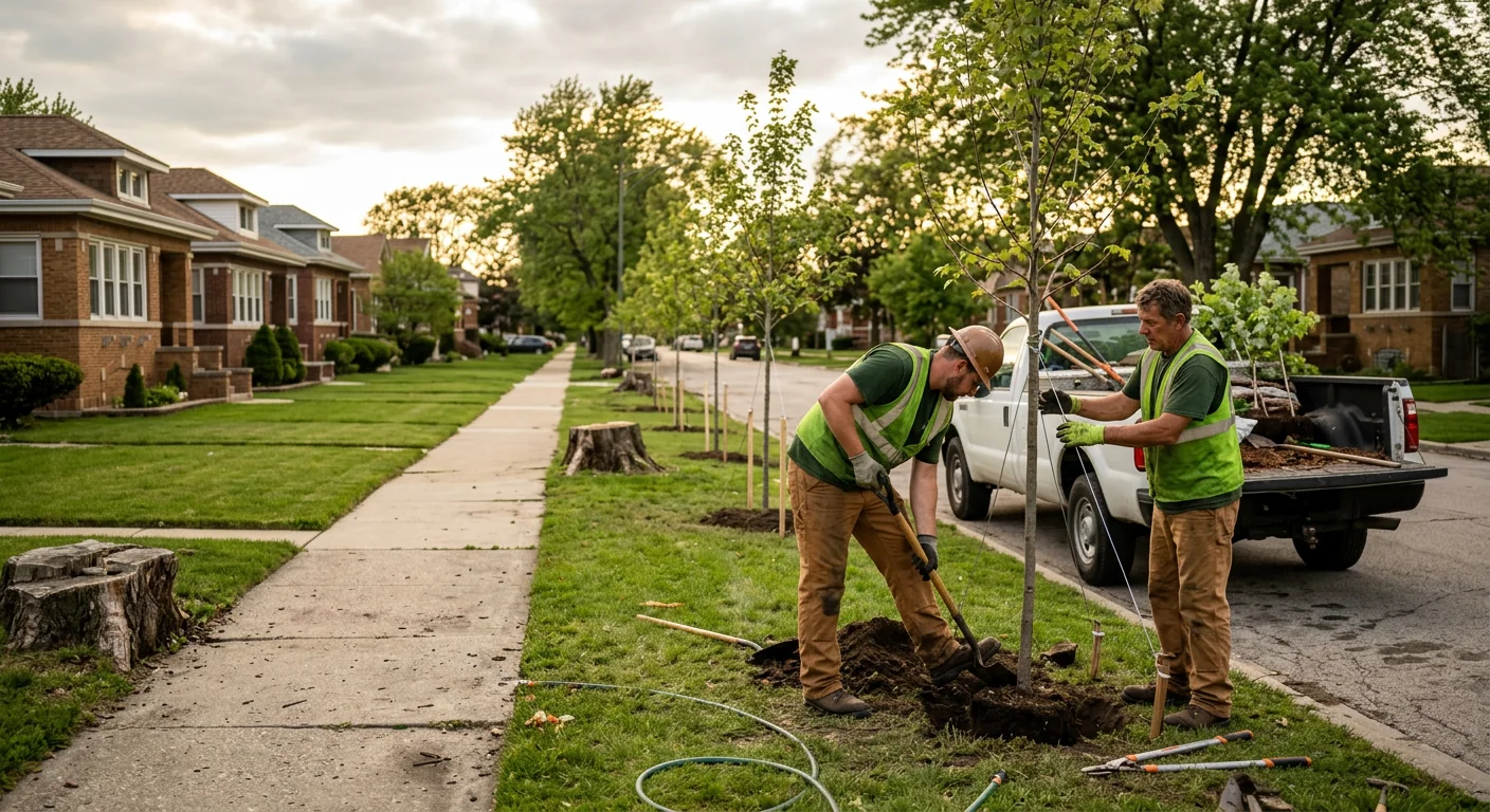 Row of young replacement trees lining a residential parkway after storm loss