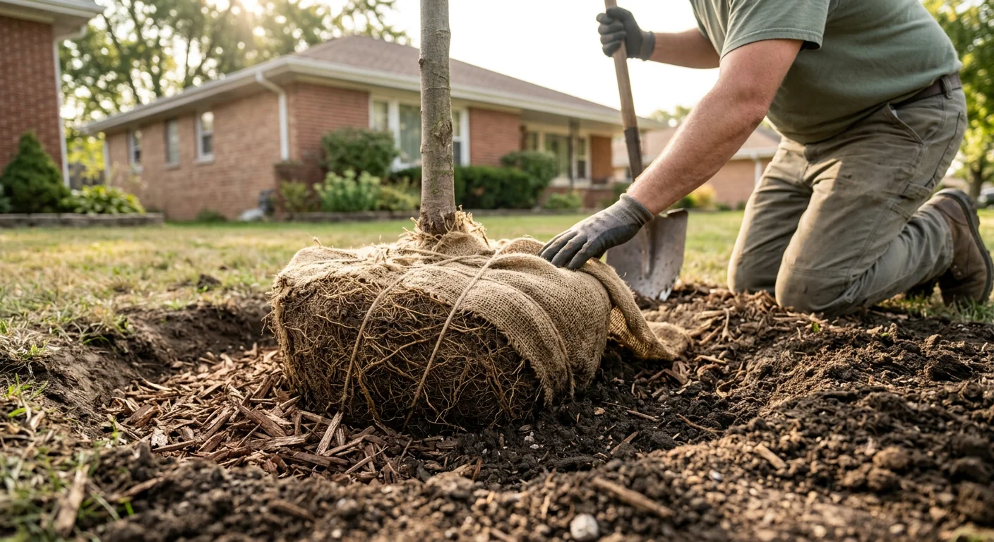 Close-up of a healthy root ball set at correct depth in amended soil