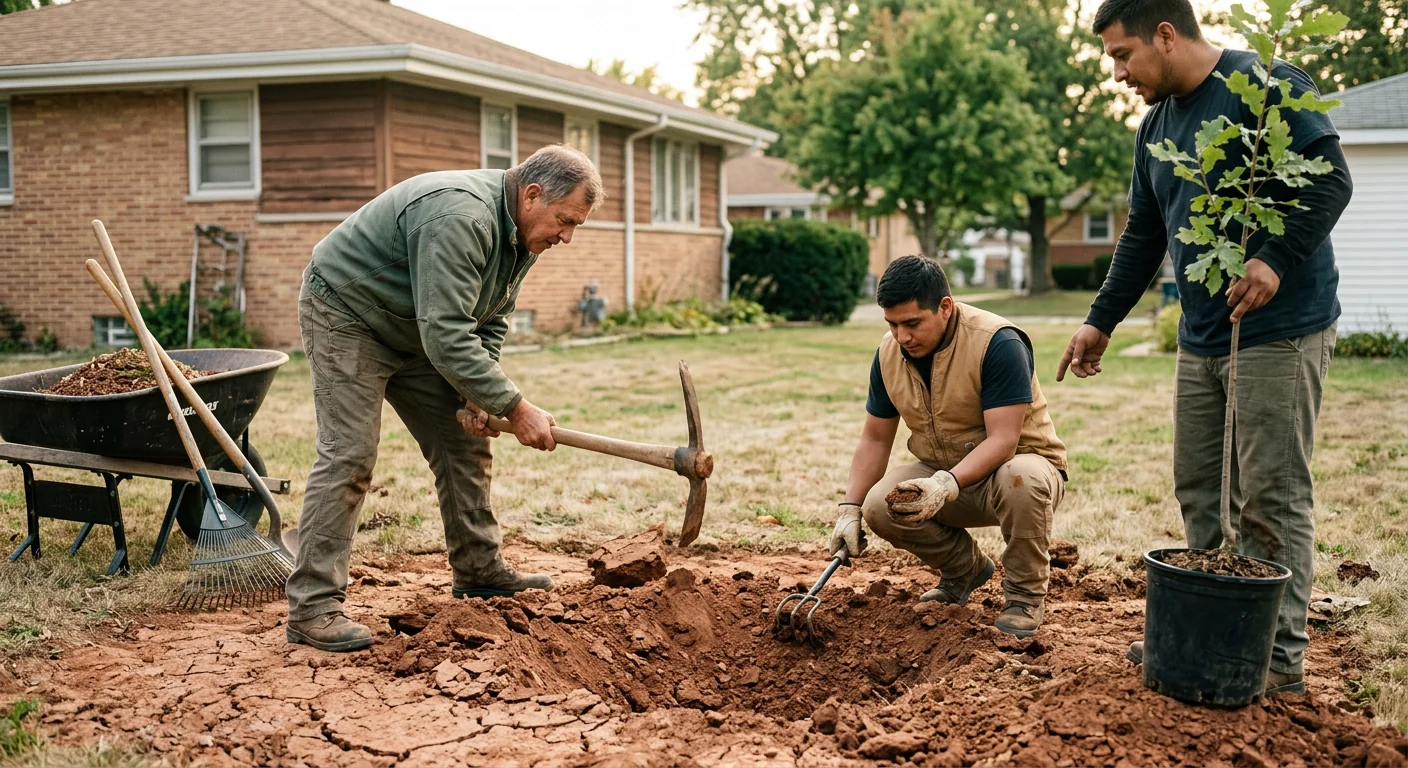 Crew loosening compacted clay soil before setting a container-grown sapling