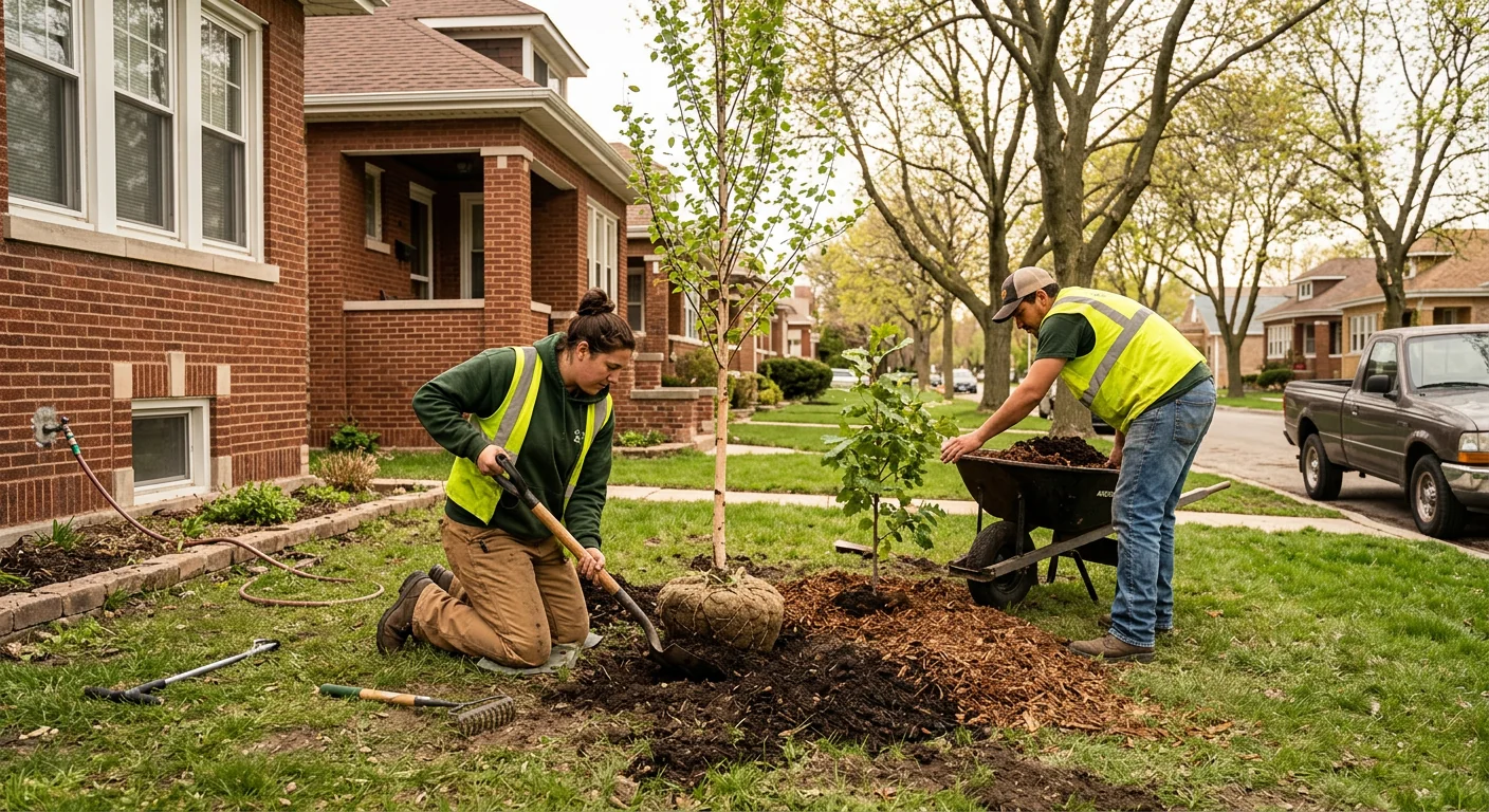 Wide shot of a restored front yard bed with newly planted trees