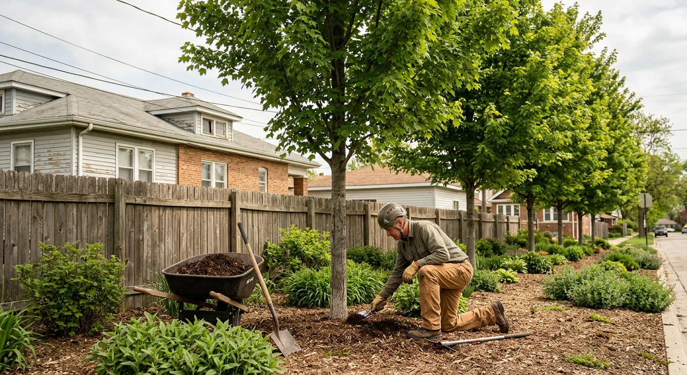Finished result of matched trees improving a neglected side yard over time