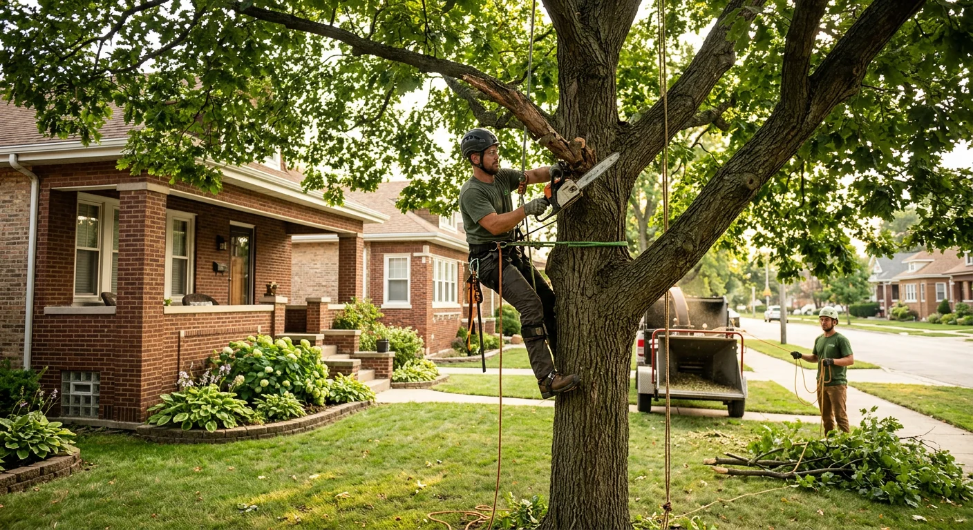 Arborist shaping a mature tree canopy in a Cicero residential yard