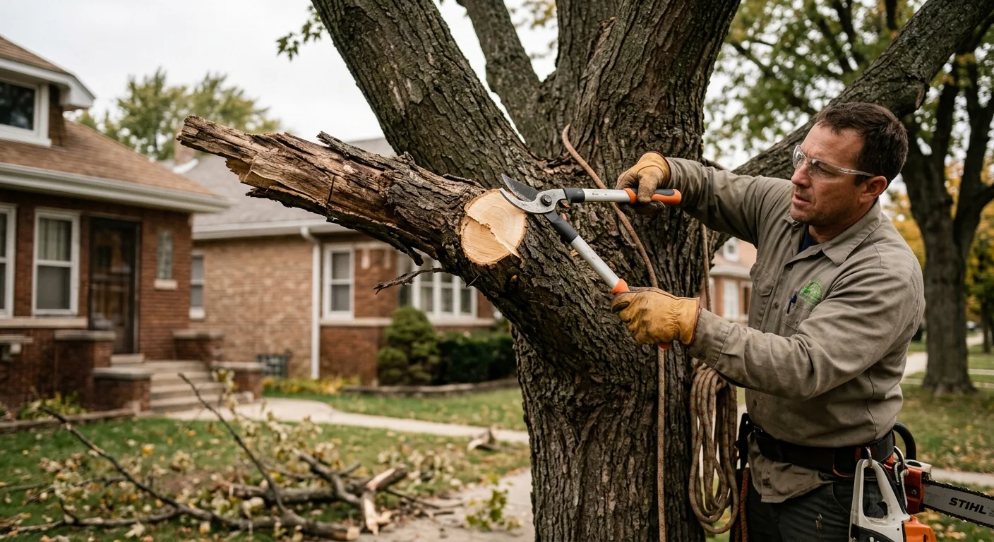 Close-up of pruning cuts removing deadwood from a neighborhood shade tree