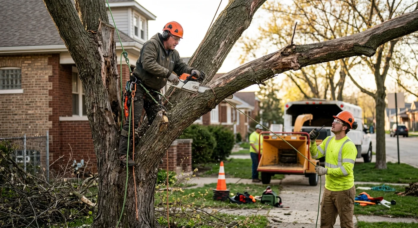 Arborist pruning a mature shade tree in a Cicero backyard