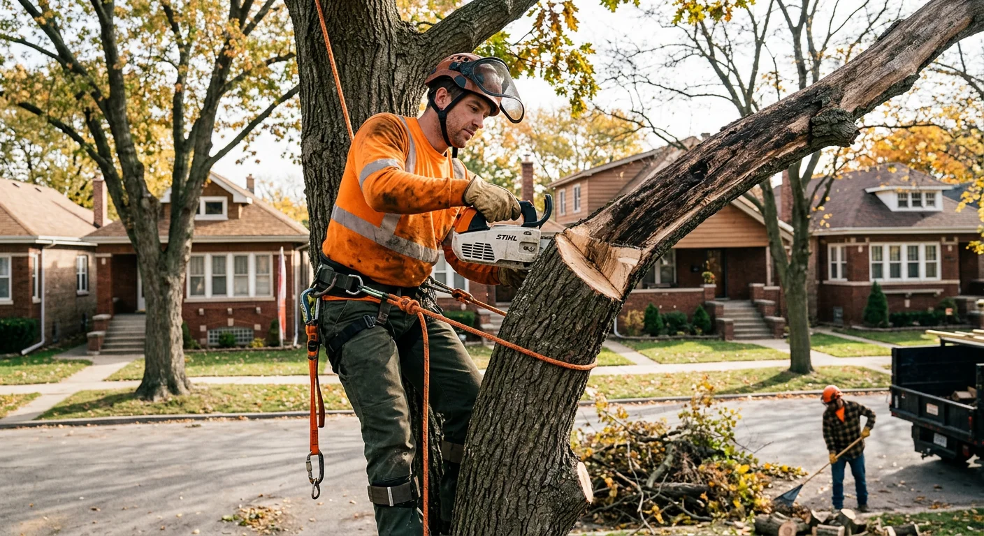 Detailed pruning cut removing deadwood from a mature neighborhood shade tree