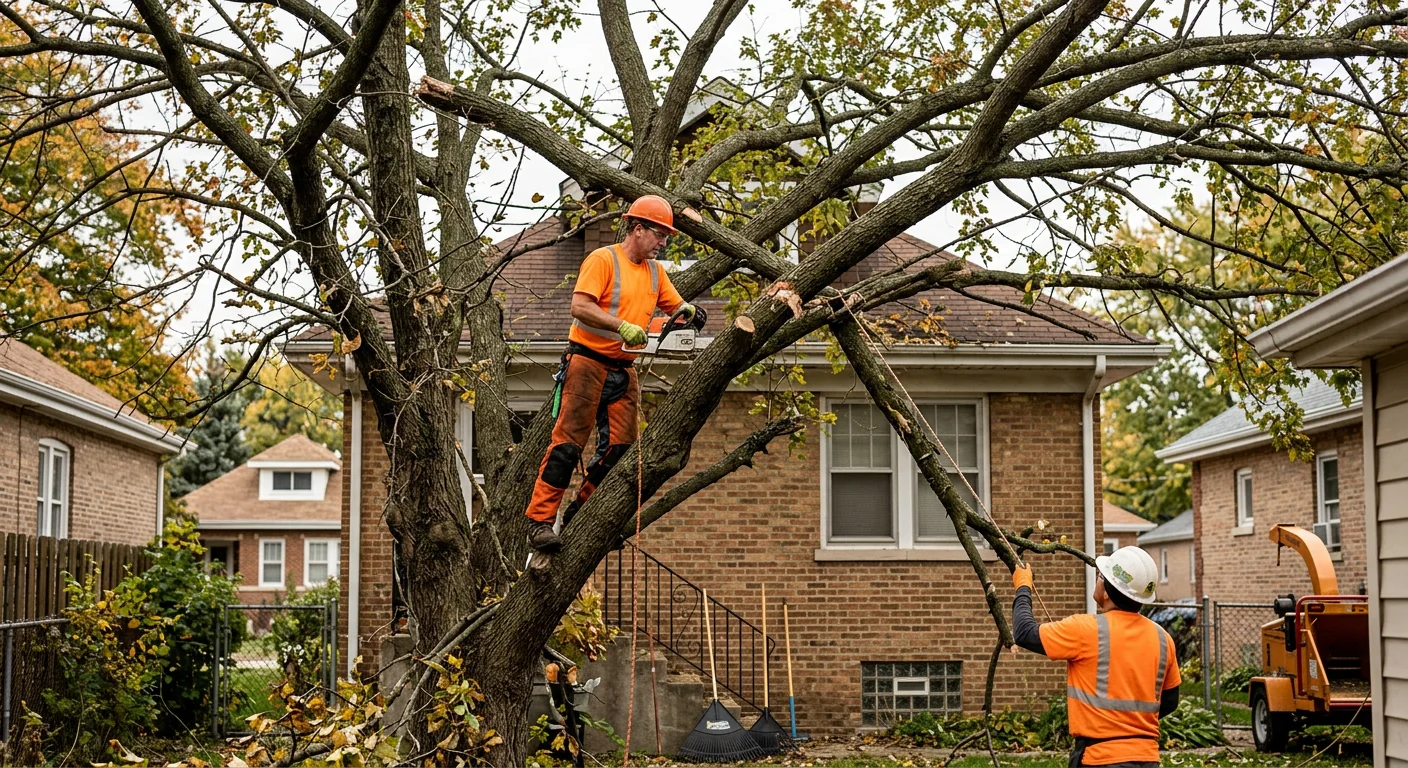 Overgrown backyard tree with crossing limbs before corrective pruning in Cicero