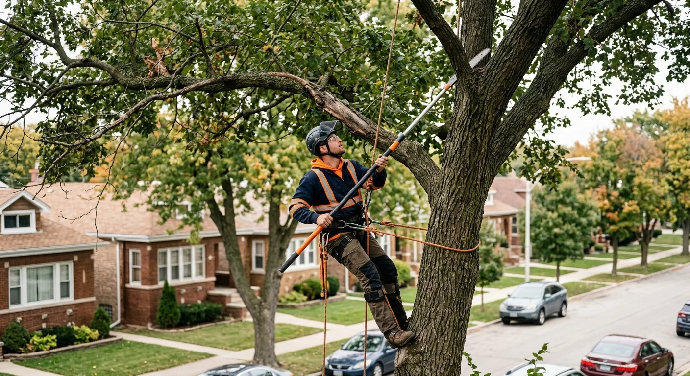 Arborist using ropes and a pole saw to thin a tall canopy safely