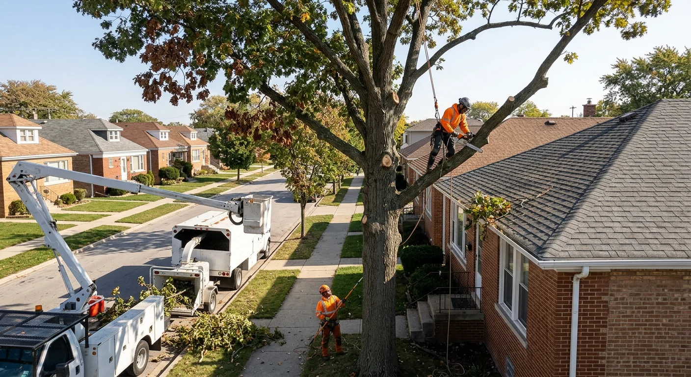Balanced tree canopy with improved clearance above a residential rooftop