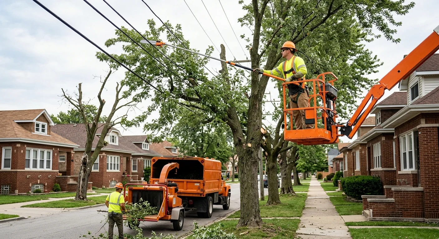 Parkway trees pruned back from power lines along a quiet Cicero street