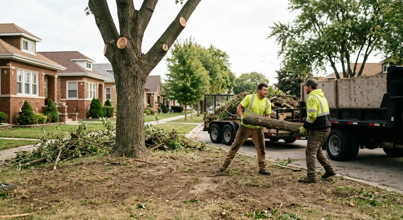 Cleaned work area with brush hauled away after pruning a storm-damaged tree