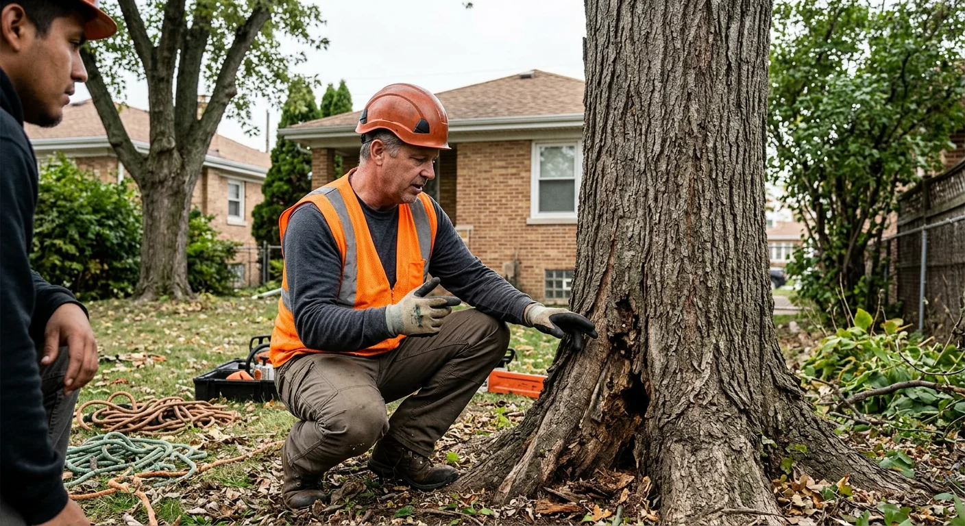 Arborist assessing a large backyard tree before removal in a Cicero neighborhood