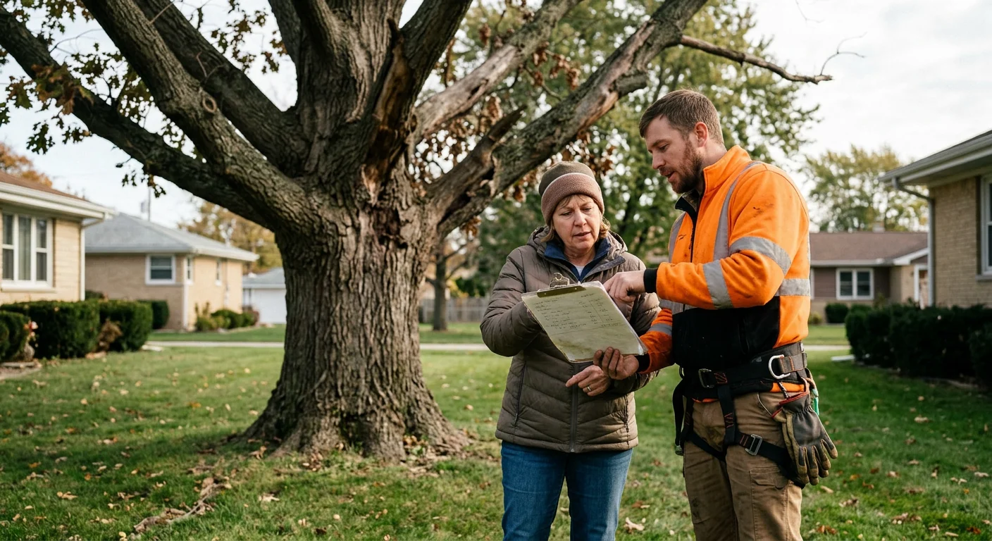 Written tree removal estimate reviewed with a homeowner beside a mature oak
