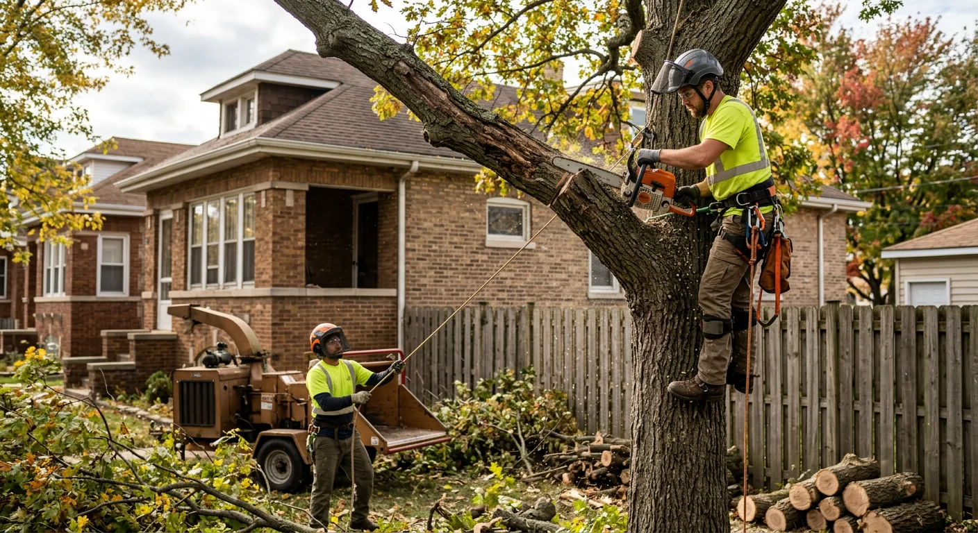 Tree removal crew clearing a residential yard in a Cicero neighborhood