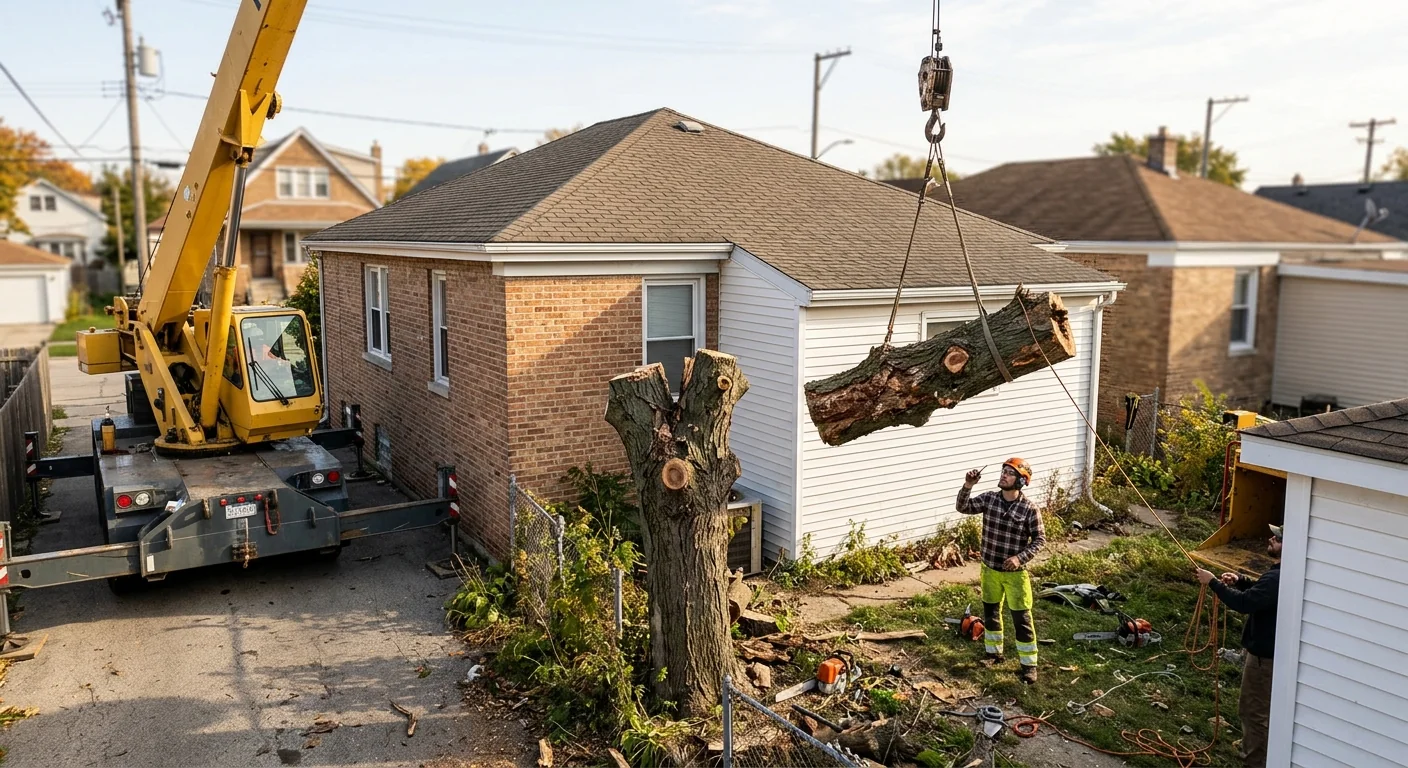 Crane lifting a large maple section over a tight Cicero backyard during removal