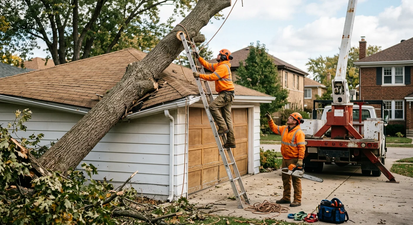 Leaning storm-damaged tree resting against a garage roof before scheduled removal