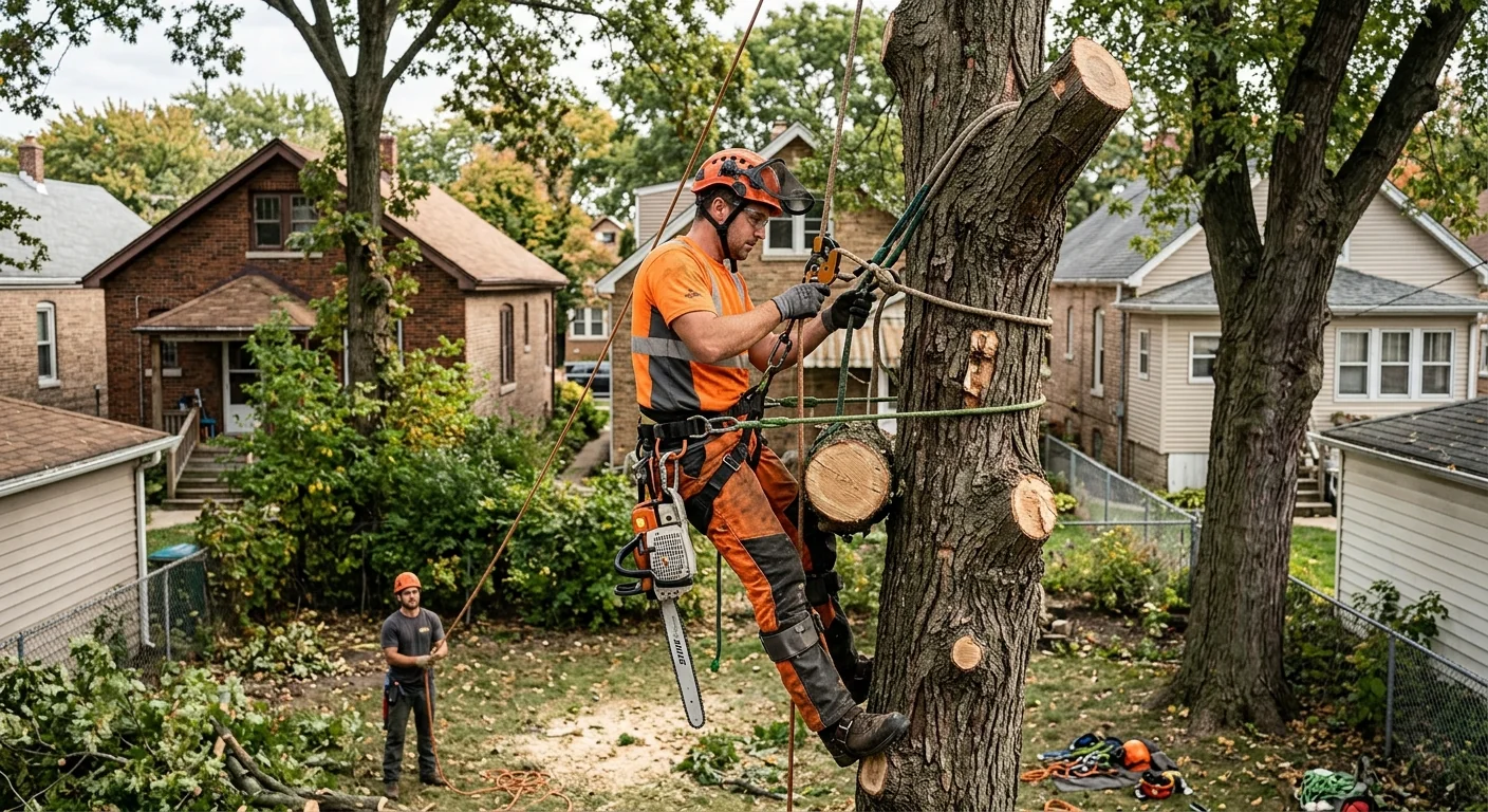 Arborist rigging a trunk section with ropes for controlled sectional lowering